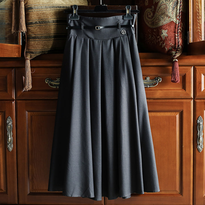 Women's High-waisted Flared Midi Skirt with Knife Pleats, Waistband and Decorative Belt Mune Fashion
