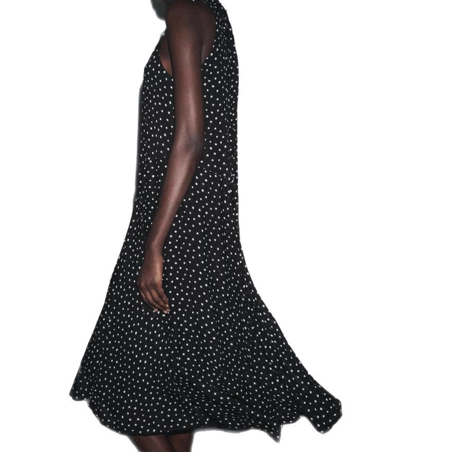 Women's sleeveless midi dress with high stand-up collar, flared ruffle skirt and polka dot pattern Mune Fashion