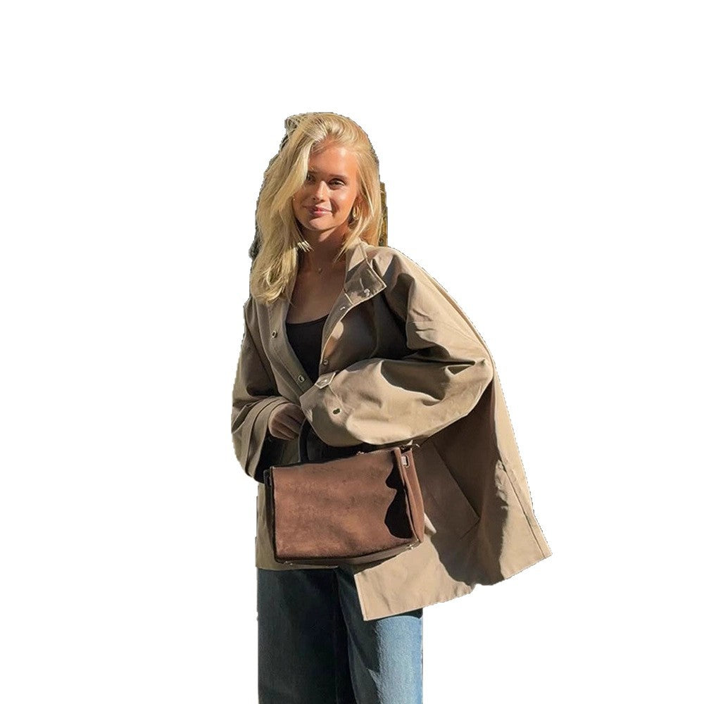 Women's oversized short coat in trench look with boxy silhouette and concealed snap button placket Mune Fashion