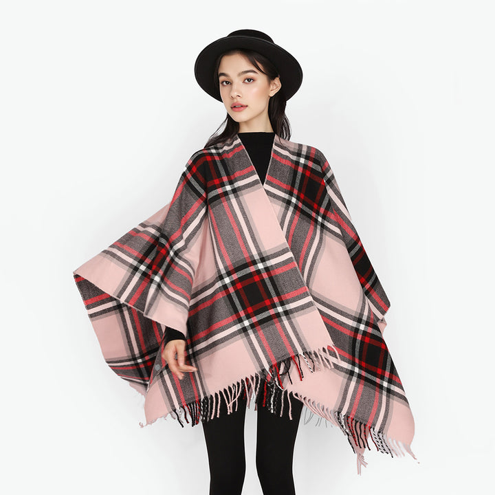 Women Checkered Oversized Throw Poncho with V-Neck and Fringed Hem Mune Fashion