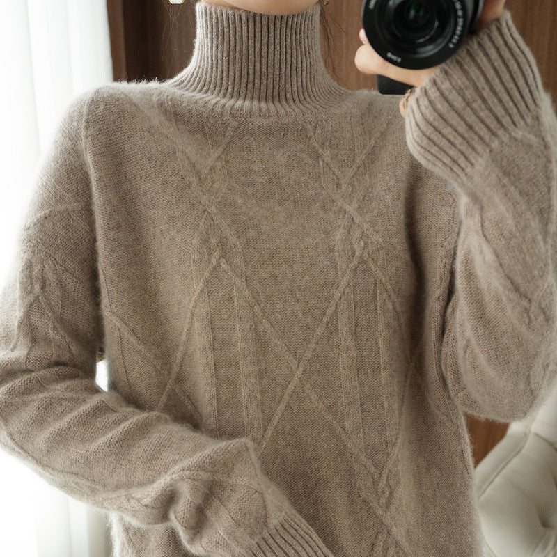 Women's Soft Mohair-Look Sweater with High Ribbed Collar, Cable Knit Pattern, and Boxy Oversized Fit Mune Fashion