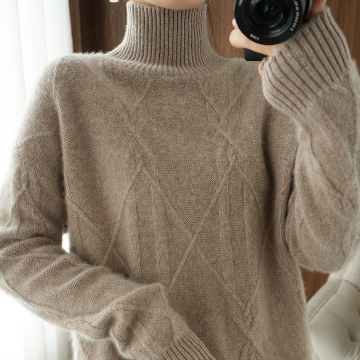 Women's Soft Mohair-Look Sweater with High Ribbed Collar, Cable Knit Pattern, and Boxy Oversized Fit Mune Fashion