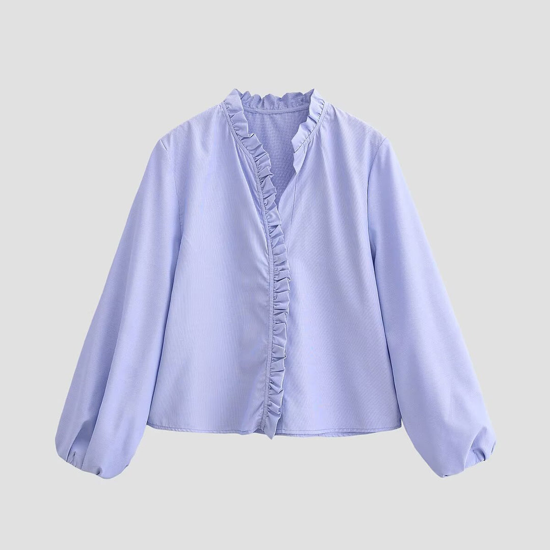Women Ruffled Blouse with V-Neck and Balloon Sleeves Mune Fashion