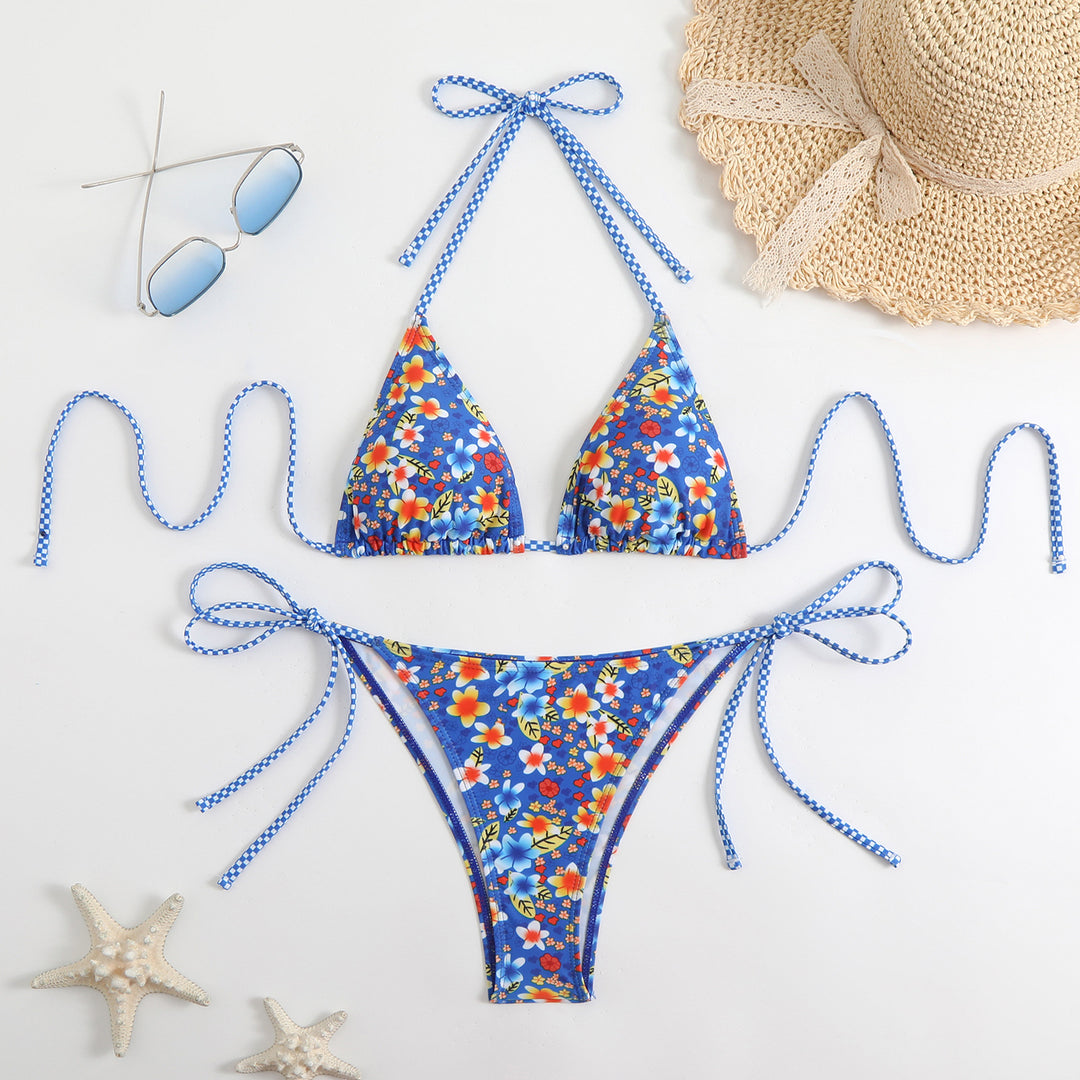 Women's Triangle Bikini Set with Playful Floral Pattern and Fine Ties Mune Fashion