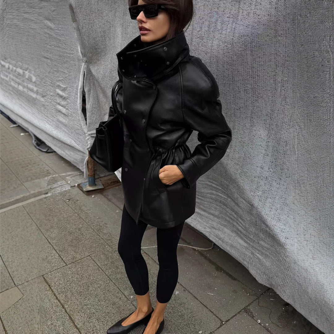Women's rain jacket made of leather look with high stand-up collar, waist drawstring and snap button front Mune Fashion