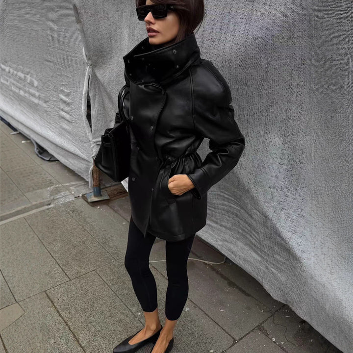 Women's rain jacket made of leather look with high stand-up collar, waist drawstring and snap button front Mune Fashion