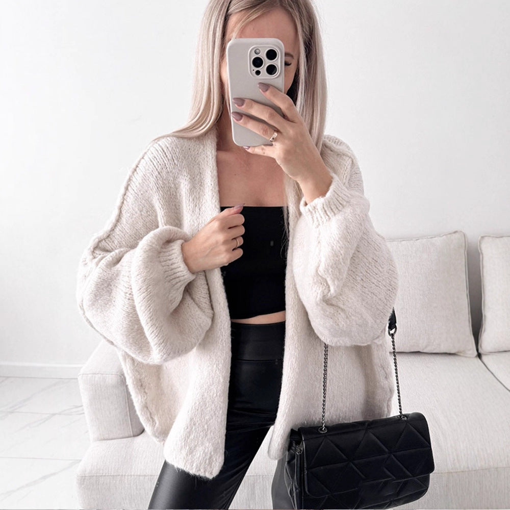 Women's Oversize Knit Cardigan with Voluminous Balloon Sleeves and Teddy-like Texture Mune Fashion