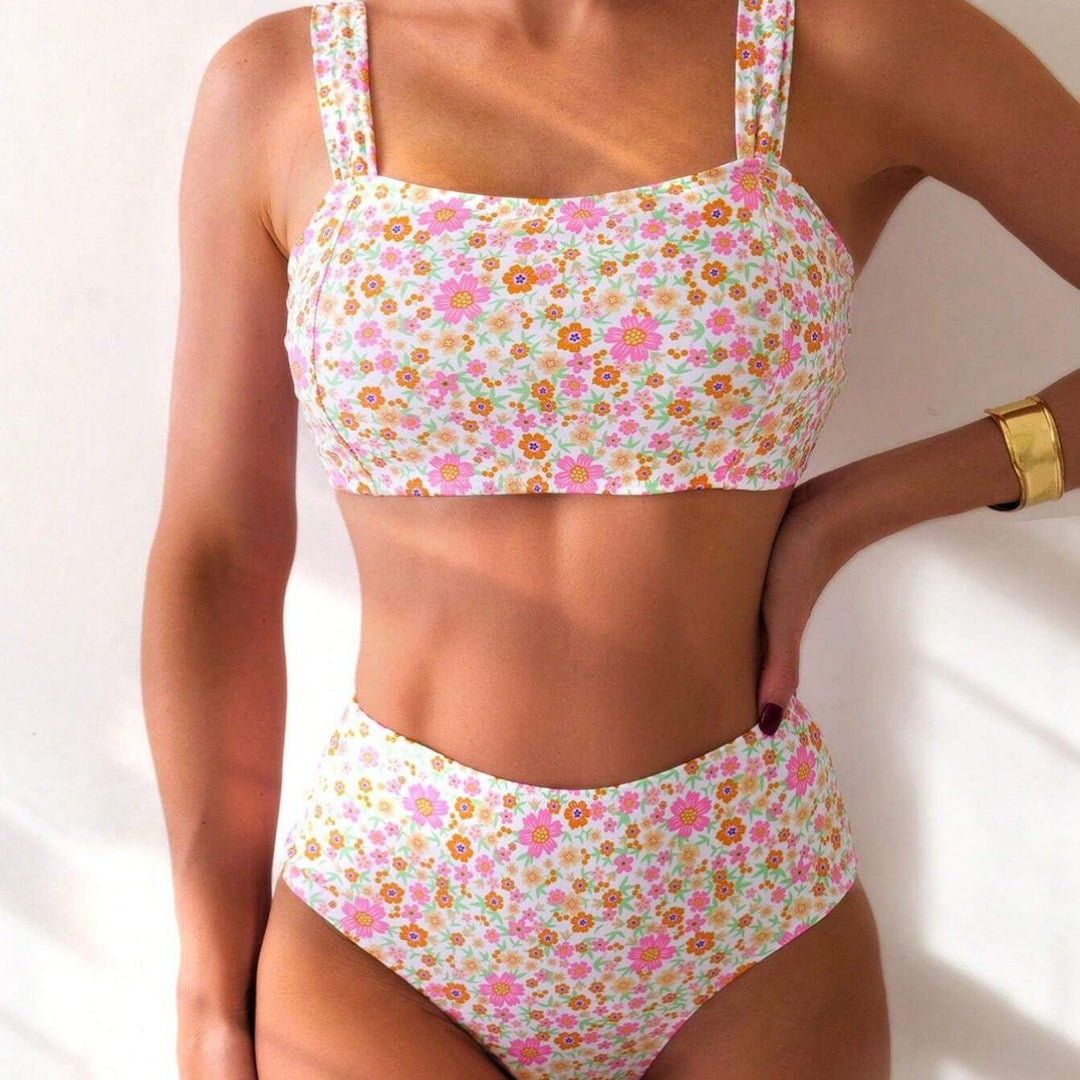 Ladies Two-Piece Crop Top Bikini Set with Floral Design and Wide Straps Mune Fashion