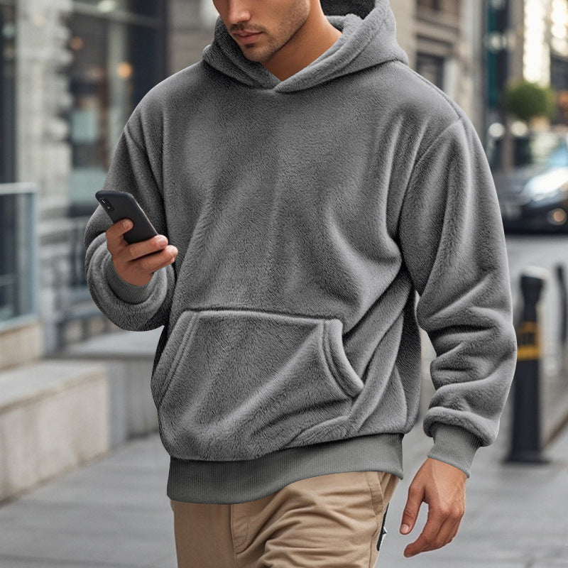 Men's cozy oversized fleece hoodie with kangaroo pocket and ribbed hem Mune Fashion