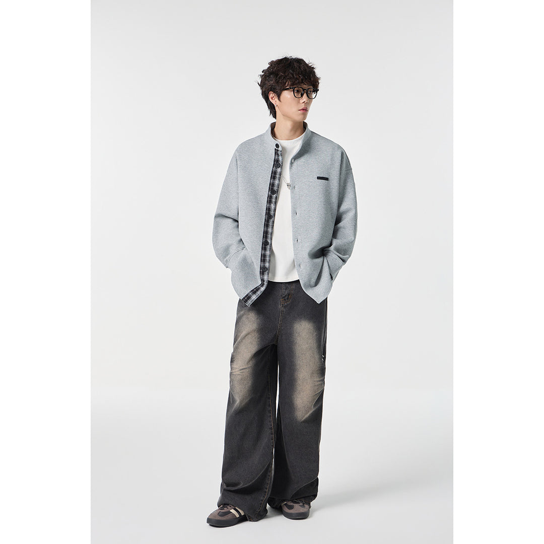 Unisex Oversized Shirt Jacket in Sweat Overlay with Stand-Up Collar and Checkered Inner Cuff Mune Fashion