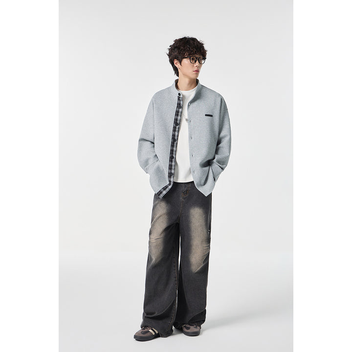 Unisex Oversized Shirt Jacket in Sweat Overlay with Stand-Up Collar and Checkered Inner Cuff Mune Fashion