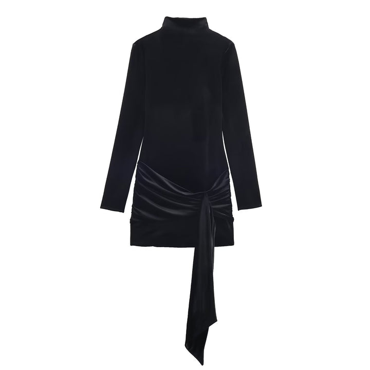 Women's mini dress with roll collar, long sleeve and side drape bow Mune Fashion