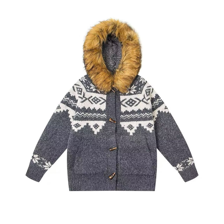 Women's Fashionable Cardigan with Hood and Faux Fur Trimmed Collar Mune Fashion