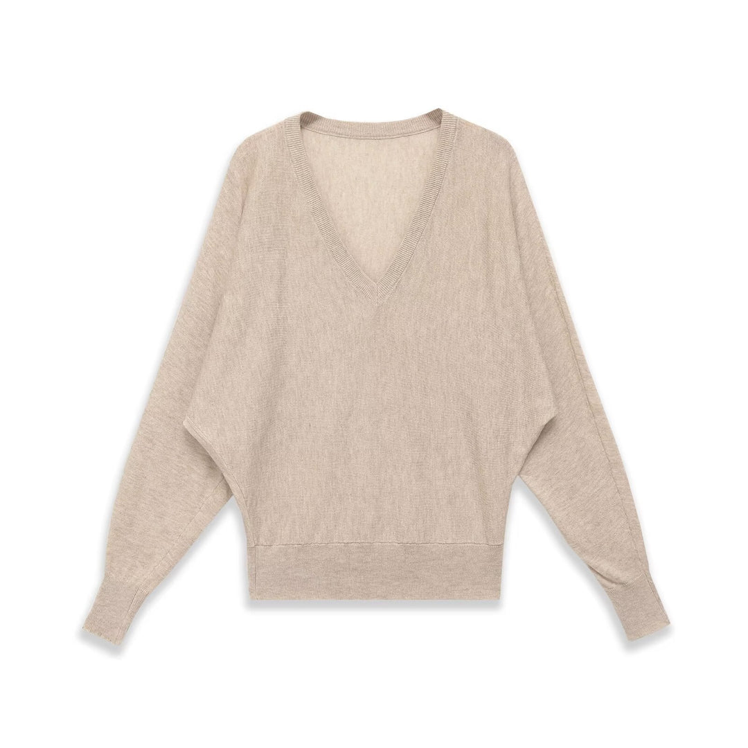 Ladies Oversized V-Neck Fine Knit Sweater with Batwing Sleeves Mune Fashion