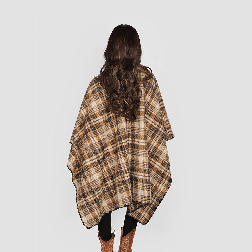 Women Oversize Wool Blend Cape Poncho in Rectangular Cut with Check Pattern and Decorative Overlock Edge Mune Fashion