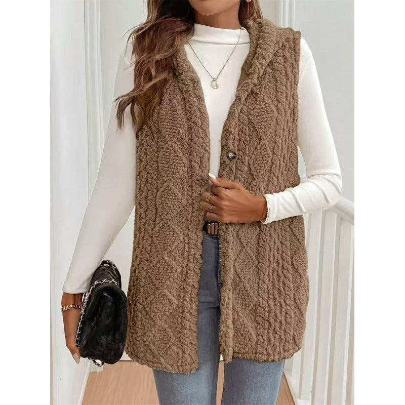 Women's Hooded Teddy Vest with Structured Cable Knit Pattern and Decorative Button Placket Mune Fashion
