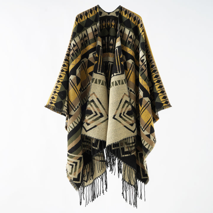 Women's Geometric Patterned Wool Blend Poncho with Point and Fringes Mune Fashion