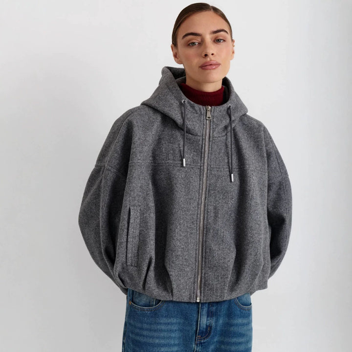 Women’s short jacket made of wool blend with hood, boxy silhouette & gathered hem Mune Fashion
