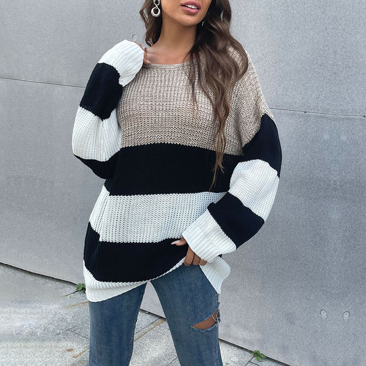 Women's Oversized Block Stripe Sweater from Chunky Knit with Wide Cut Mune Fashion