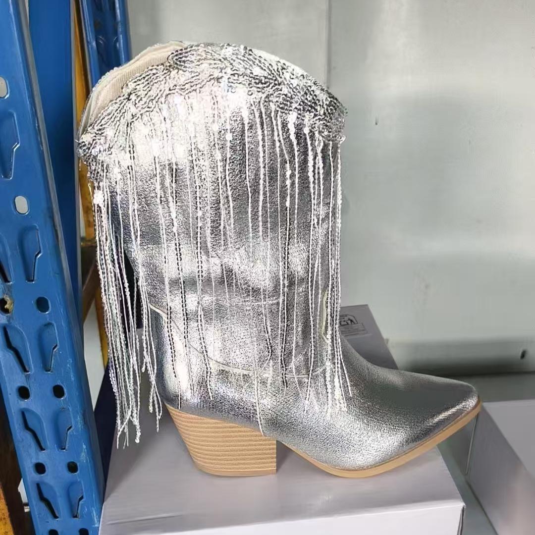 Women's knee-high fringe cowboy boots with fine beaded fringe decoration and sculpted block heel Mune Fashion