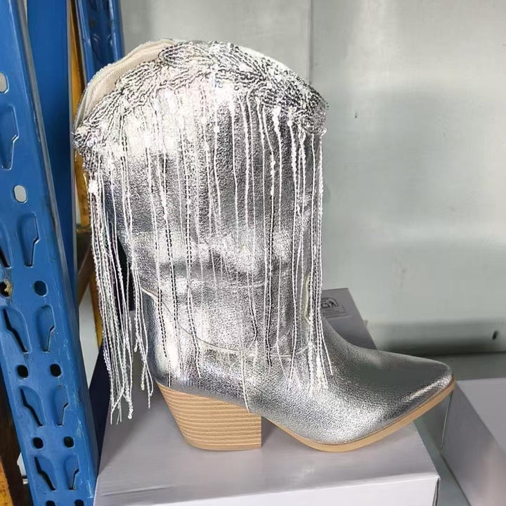 Women's knee-high fringe cowboy boots with fine beaded fringe decoration and sculpted block heel Mune Fashion