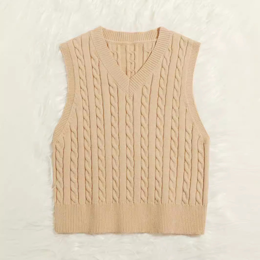 Women Knitted Sleeveless Cable Knit Sweater Vest with V-Neck Mune Fashion