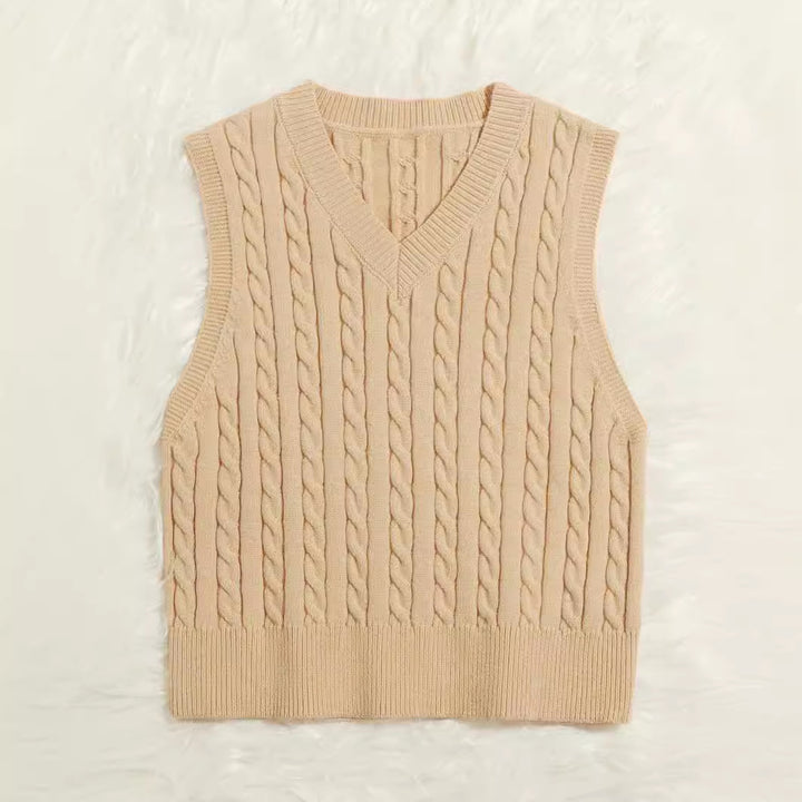 Women Knitted Sleeveless Cable Knit Sweater Vest with V-Neck Mune Fashion