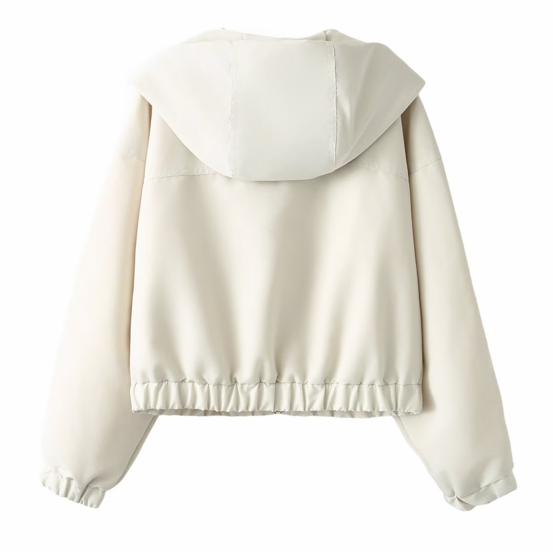 Women Short Cut Hooded Jacket with Wide Shawl Collar, Full Zip and Elastic Hem Mune Fashion