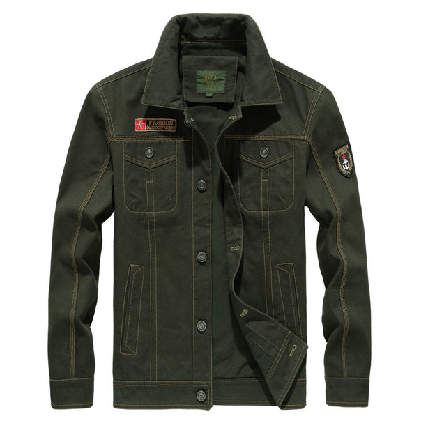 Men's canvas worker jacket in military utility style with button closure, badges, and breast flap pockets Mune Fashion
