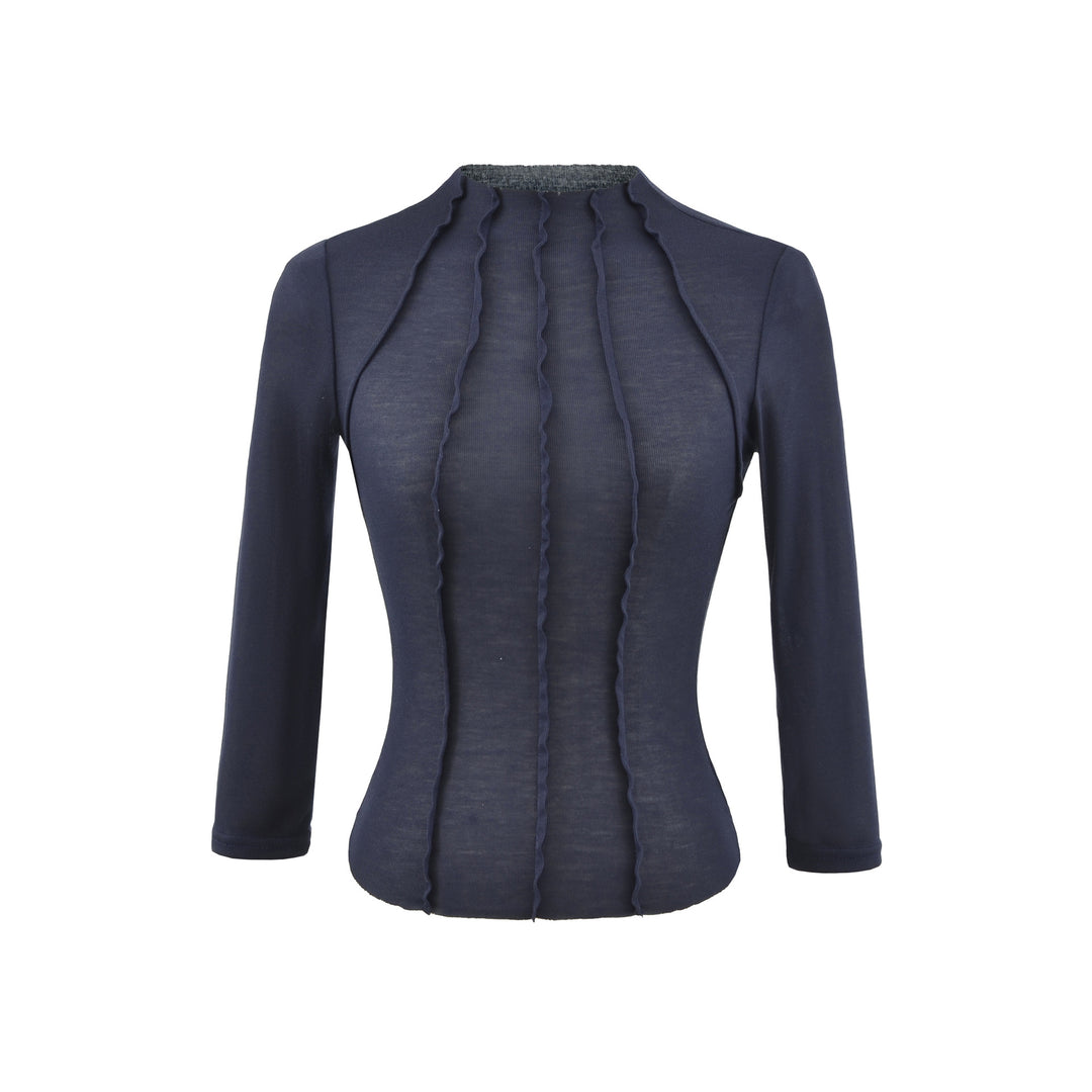 Women's Fitted Long Sleeve Shirt with Stand-Up Collar and Decorative Ruffles