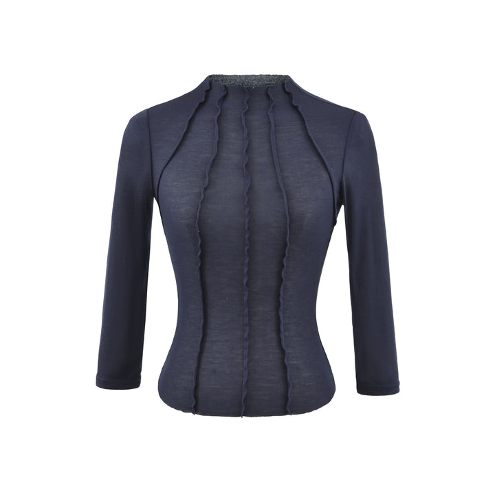Women's Fitted Long Sleeve Shirt with Stand-Up Collar and Decorative Ruffles