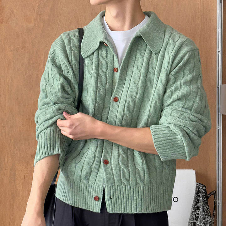 Men's cardigan with cable pattern, shirt collar and full button placket Mune Fashion