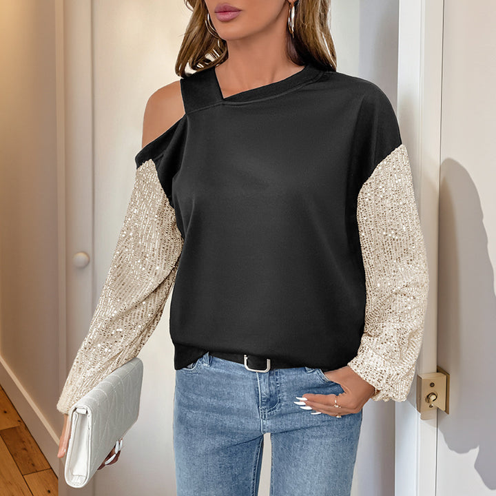 Women’s Asymmetric Sweatshirt with Shoulder Cutout and Sequin Knit Sleeves Mune Fashion