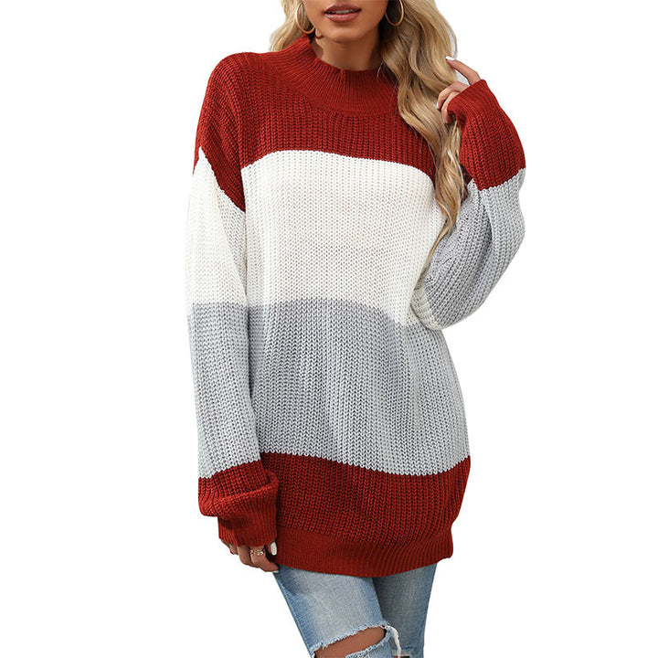 Ladies knit sweater with block stripes and stand-up collar Mune Fashion