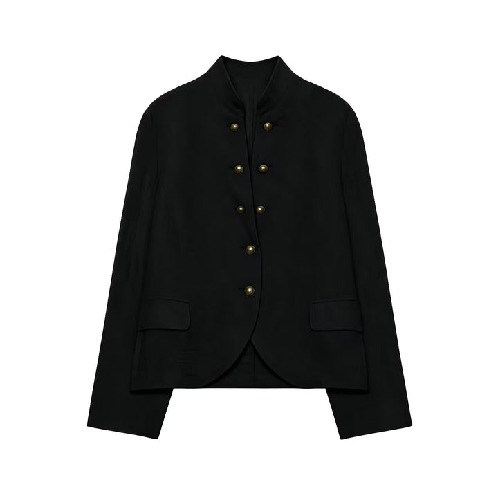 Women Elegant Short Jacket with Standing Collar, Decorative Toggle Buttons and Flap Pockets Drune