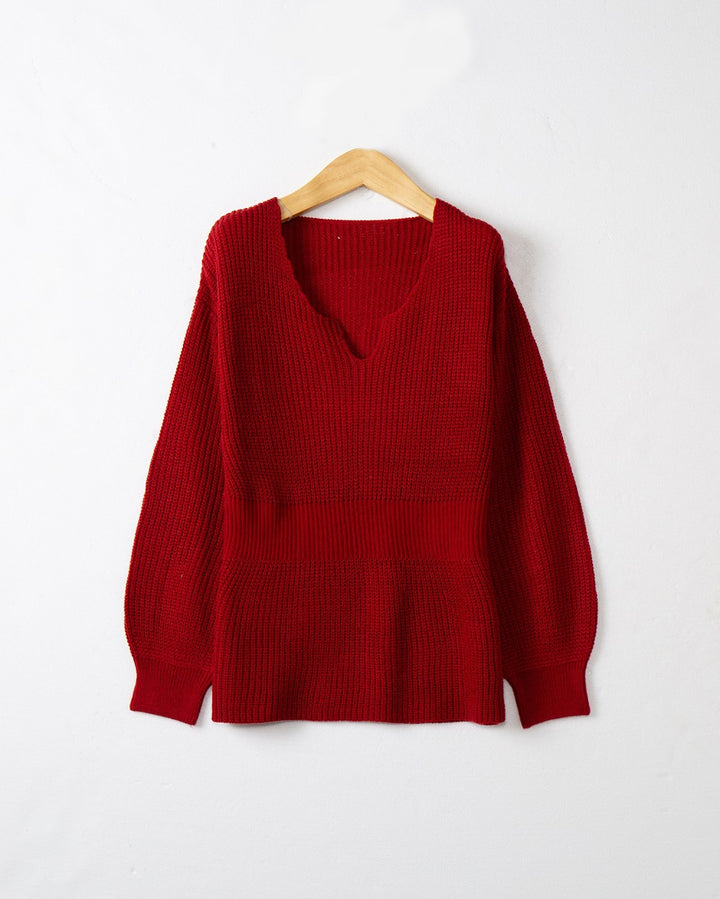 Women's Loose Fine Knit Sweater with V Notch Neckline, Fitted Ribbed Hem and Balloon Sleeves Mune Fashion