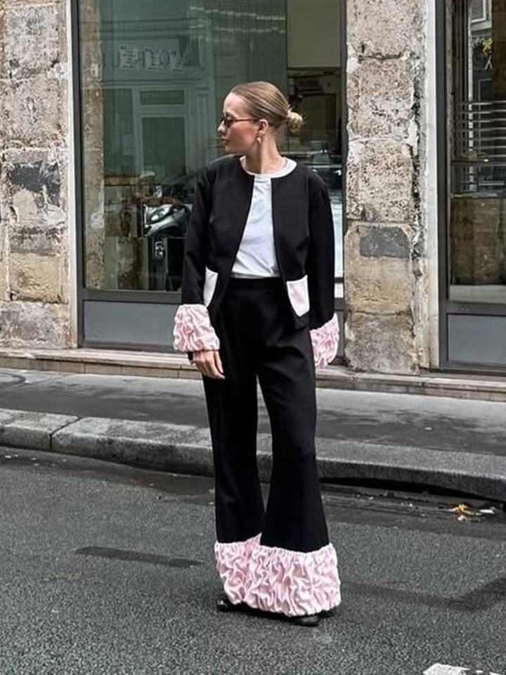 Ladies short blazer with contrasting ruffle hems, round neckline and concealed button placket Mune Fashion