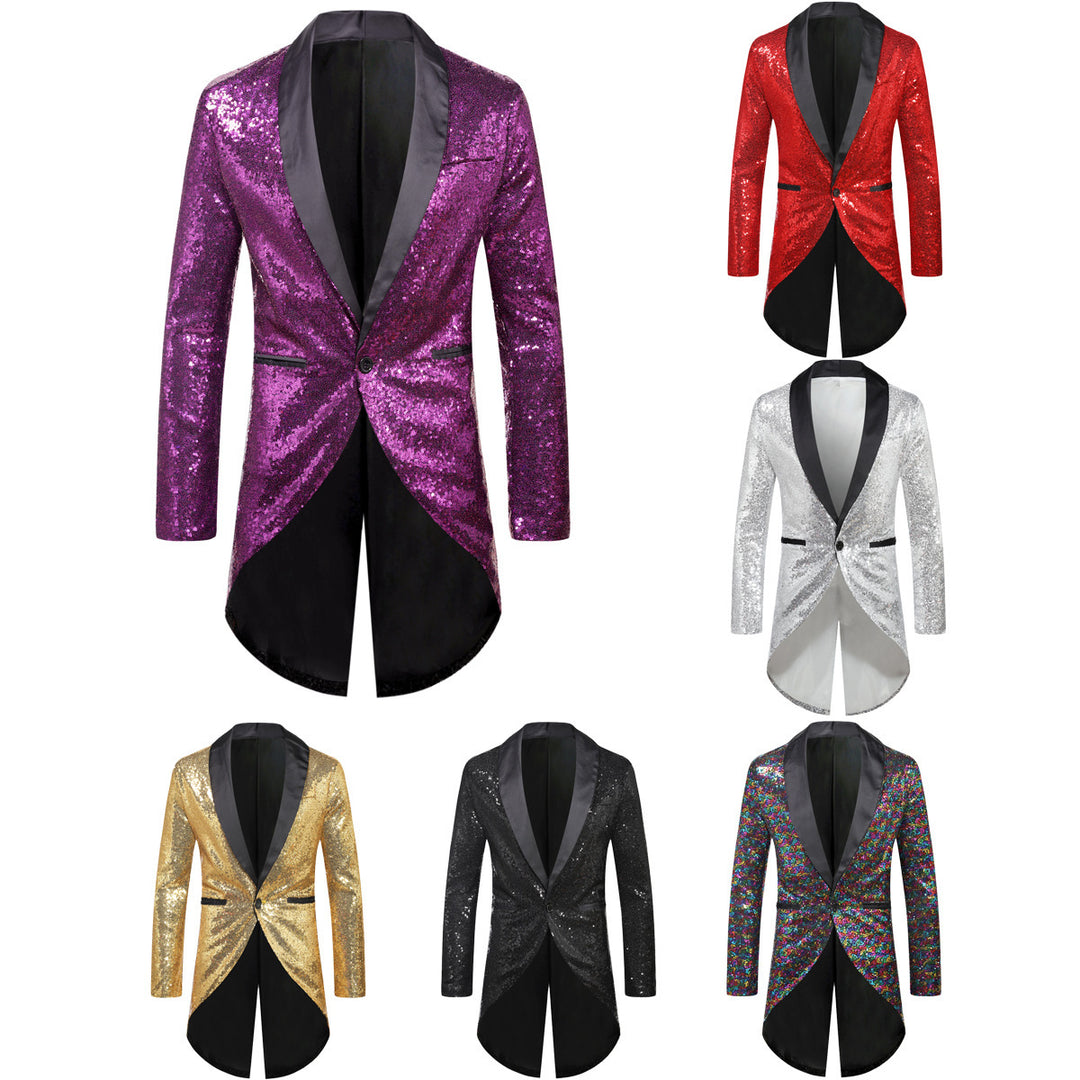 Men's sequin tuxedo jacket with shawl collar satin trim and curved swallowtail Mune Fashion