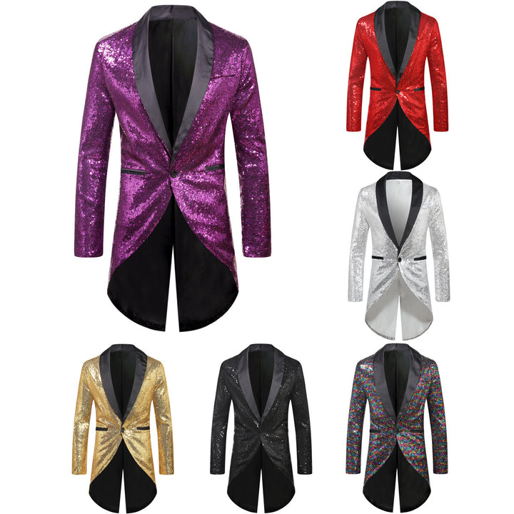 Men's sequin tuxedo jacket with shawl collar satin trim and curved swallowtail Mune Fashion