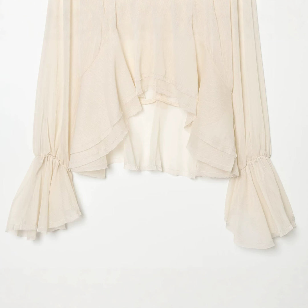 Women's Transparent Chiffon Blouse with Ruffled Back and Bell Sleeves Mune Fashion