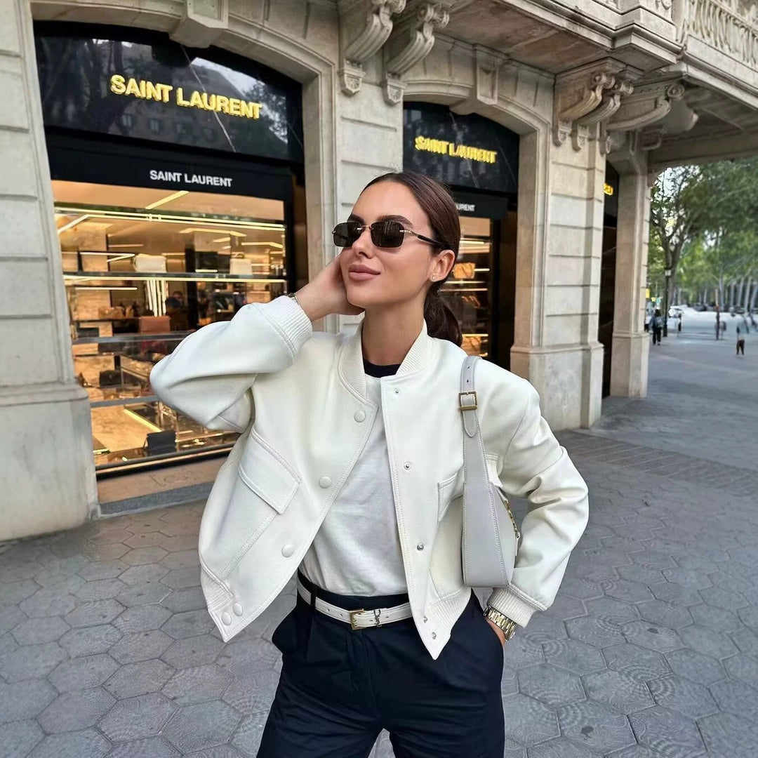 Women Cropped Boxy Transition Jacket with Large Flap Pockets and Ribbed Cuffs Mune Fashion