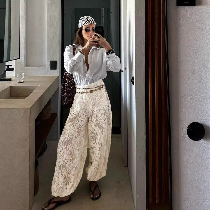 Women Wide Lace Harem Pants with Elastic Waistband Mune Fashion