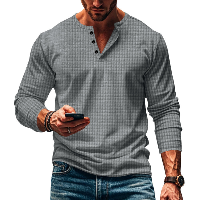 Men's fitted long-sleeve shirt with round neck button placket and waffle structure Mune Fashion