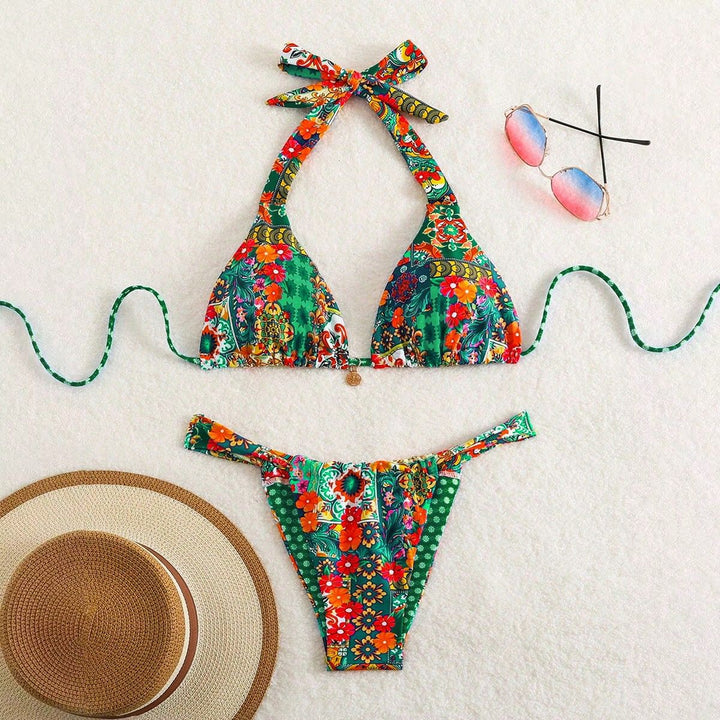 Women Triangle Bikini with Floral Patterns and Playful Ties Mune Fashion