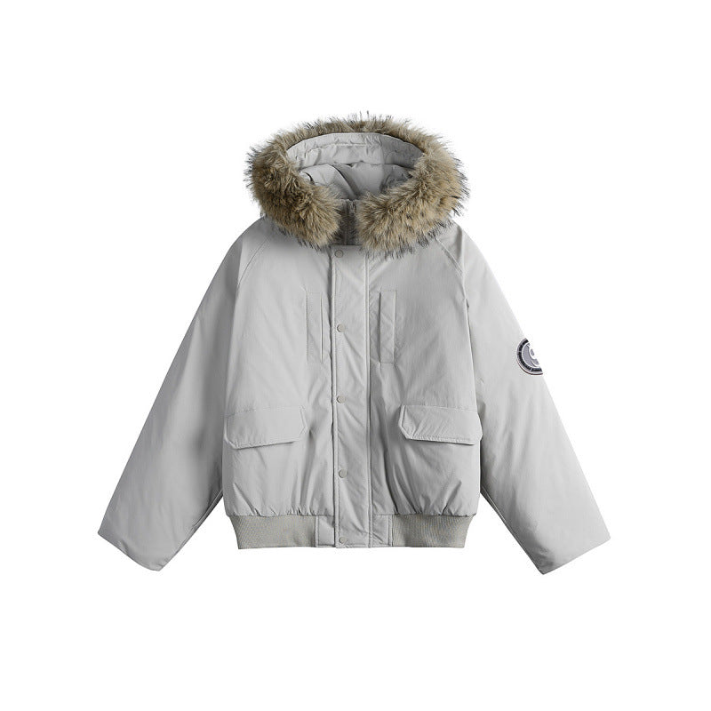 Women's short bomber jacket with thermal padding, hood with removable faux fur and utility pockets Mune Fashion