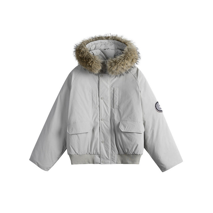 Women's short bomber jacket with thermal padding, hood with removable faux fur and utility pockets Mune Fashion