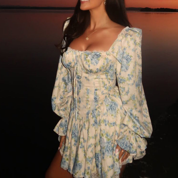 Ladies Corset Mini Dress with Puff Sleeves, Square Neckline and Tiered Ruffle Skirt Mune Fashion