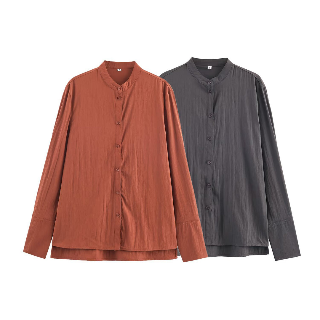 Women's Oversized Shirt Blouse with Mandarin Collar and Full Button Placket Mune Fashion