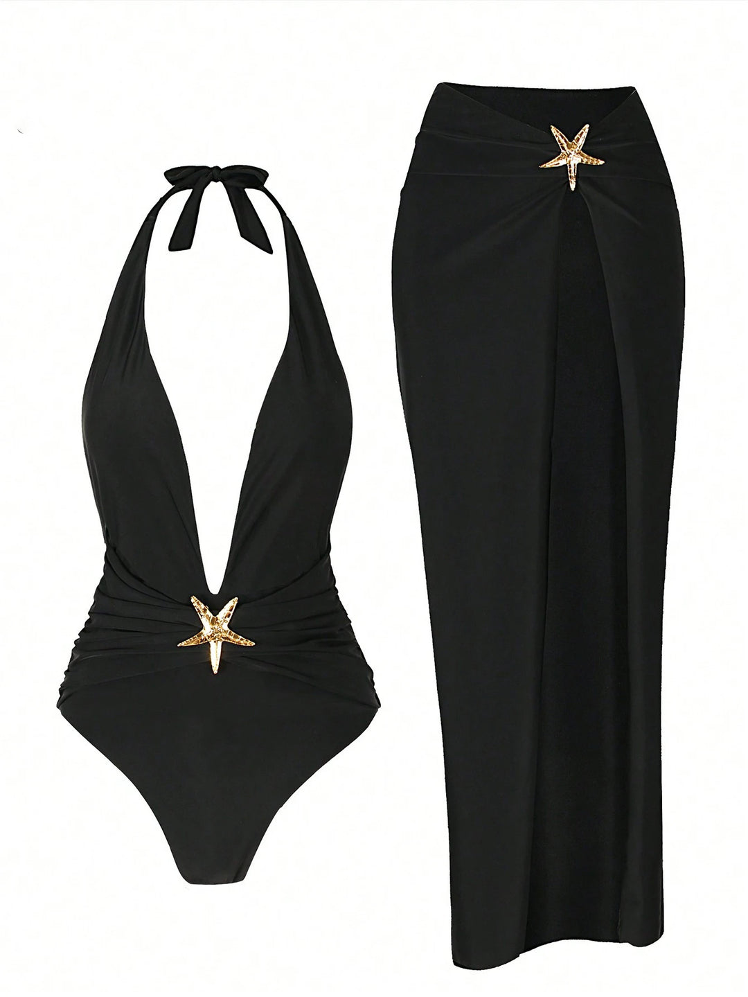 Women elegant maxi dress with deep V-neckline and gold details Mune Fashion