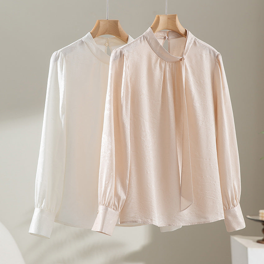 Women Elegant Satin Blouse with Knot and Fine Jacquard Structure Mune Fashion